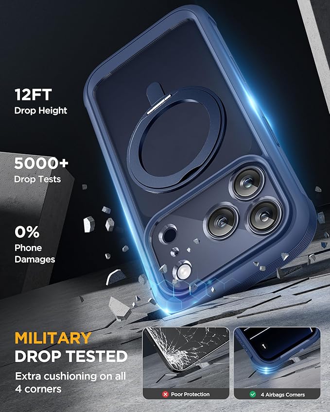 Miracase for iPhone 17 Pro Case with 360 Spin Magnetic Stand, Full-Body Phone Case with Built-in Glass Screen Protector & Camera Control, Drop Proof iPhone 17 Pro Cover, Dark Blue