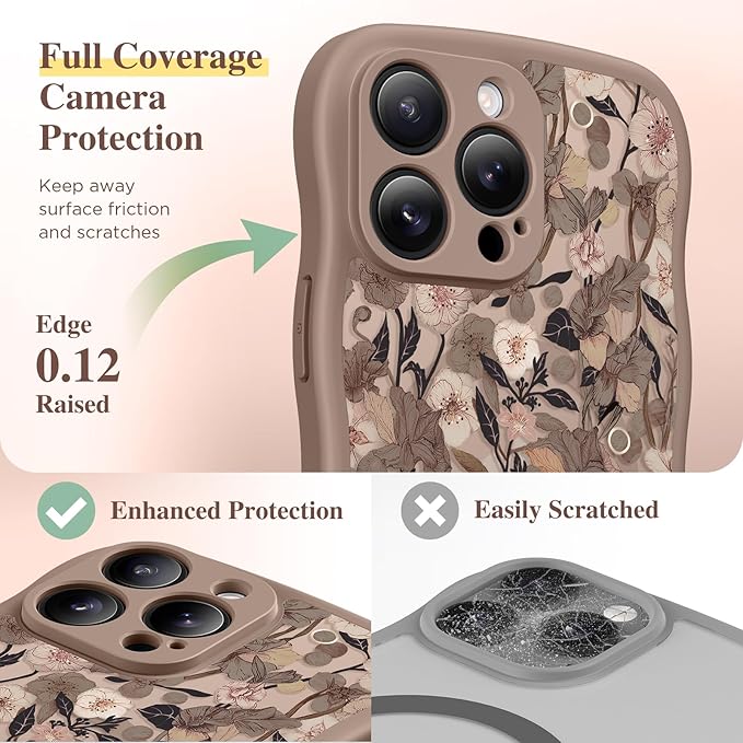GVIEWIN for iPhone 16 Pro Max Case Compatible with MagSafe [Curly Wave Edge][Full Camera Protection] Floral Translucent Shockproof Magnetic Women Phone Case for 16 Pro Max, Apricot Blossom/Brown