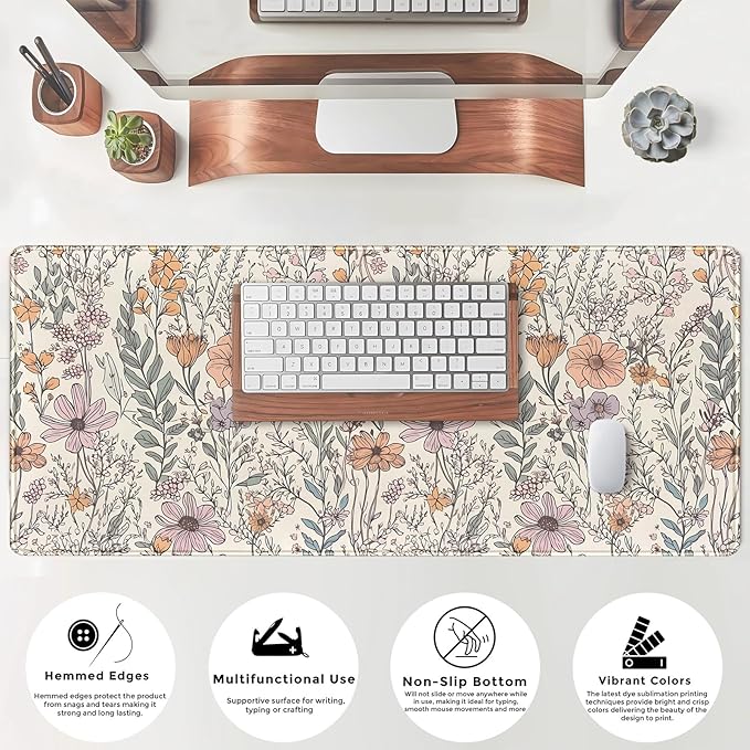 Floral Desk Mat Cute Wildflowers Large Mouse Pad Extended Plant Gaming Mousepad XL Keyboard Mouse Mat Nature Botanical Aesthetic Desk Pad 31.5"x11.8" for Work Office Decor Gifts