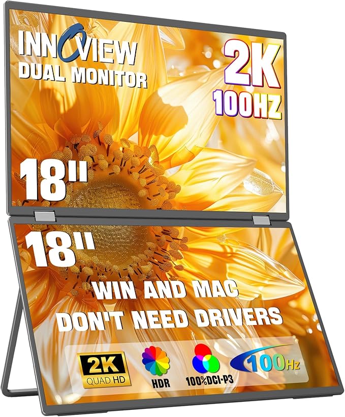InnoView Dual Portable Monitor 18" 2560x1600P 100Hz 2K 100% DCI-P3 - Foldable & Stackable Design with 315° Screen Adjustment & 180° Stand | DP/USB-C/HDMI, Second Monitor for Laptop, Mac, Windows