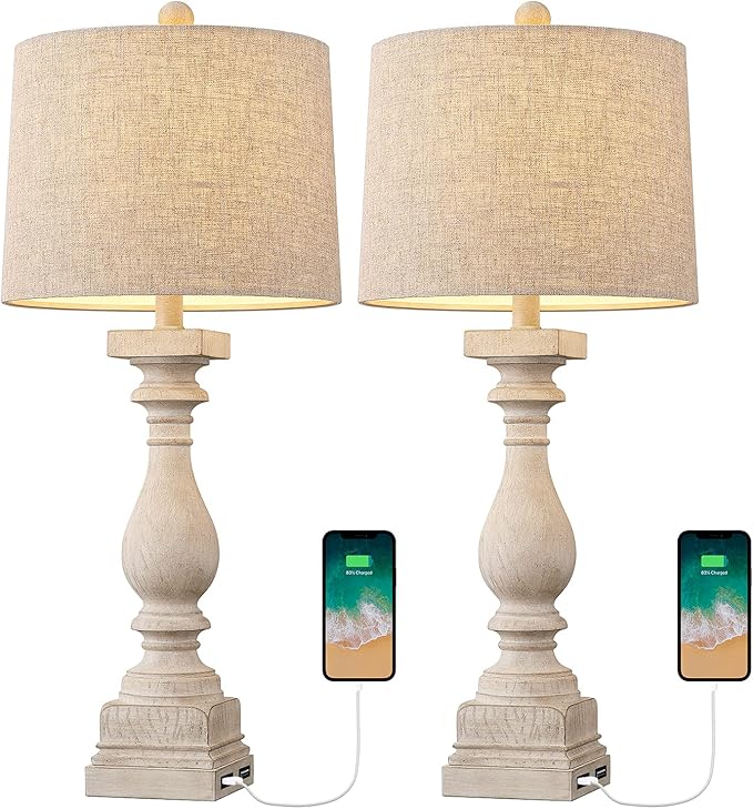BOBOMOMO 27" Table Lamp with USB C+A Charging Ports Set of 2 Antique Nightstand Lamp for Bedroom Living Room Farmhouse Office Retro Rustic Resin Bedside Desk Lamps Washed White (Blubs not Included)