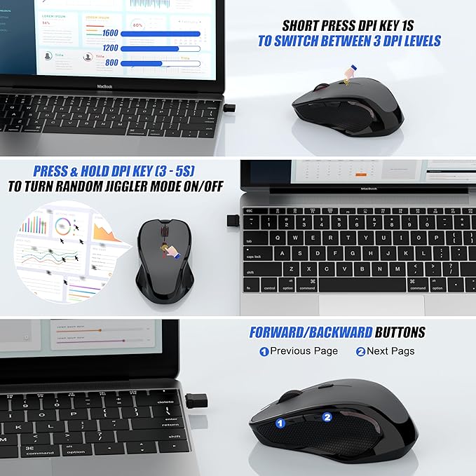 Bluetooth Wireless Laptop Mouse for MacBook Air Pro iPad Mac, Ergonomic Rechargeable Mouse with Jiggler Mode, 2 Mode Bluetooth & 2.4G USB-A/USB-C Receiver, Silent Optical Computer Mice, Grey