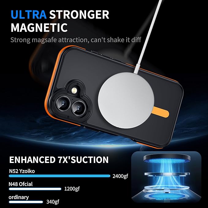 Strong Magnetic for iPhone 16 Plus case [10Ft Military-Grade Protection] Compatible with fit MagSafe Shockproof Slim Thin Cover 6.7 inch 16 Plus Phone case, Orange Bumper