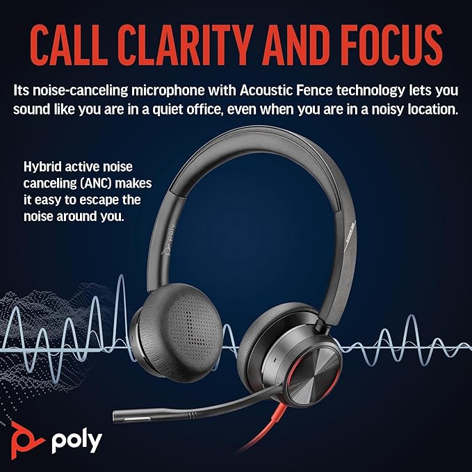 Poly Blackwire 8225 Premium Wired Headset (Plantronics) – Active Noise Canceling – Hi-fi Stereo - Connect to PC/Mac - Certified for Microsoft Teams - Amazon Exclusive