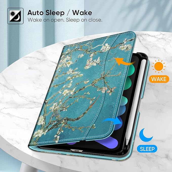Fintie Folio Case for iPad Mini 7 (A17 Pro, 7th Generation) 2024 / iPad Mini 6 (6th Gen) 8.3 Inch, Multi-Angle Smart Stand Cover with Pencil Holder & Pocket, Auto Sleep/Wake, Blossom
