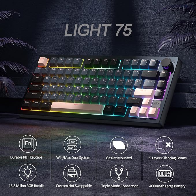 MageGee LIGHT75 Wireless Creamy Keyboard, Tri-Mode Bluetooth/2.4GHz/USB-C RGB Backlit, Gasket Hot Swappable Custom Gaming Keyboard for Win/Mac/PC, with Knob, 4000mAh Battery, Grey