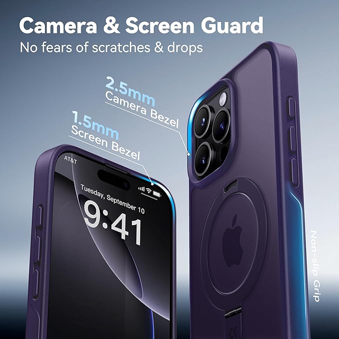 CASEKOO Ultra-Magnetic Stand for iPhone 16 Pro Case [Military Drop Protection] [Compatible with MagSafe] Shockproof Translucent Matte Slim Ring Holder Case for iPhone 16 Pro 6.3", Purple