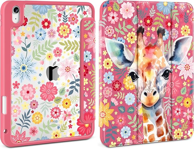 Case for iPad Air 13 inch 2026 M4 2025 M3 2024 M2 Release Slim Lightweight Shockproof Cute Hot Pink Cover with Clear Back TPU Edge Pencil Holder Trifold Stand Auto Wake Sleep, Giraffe