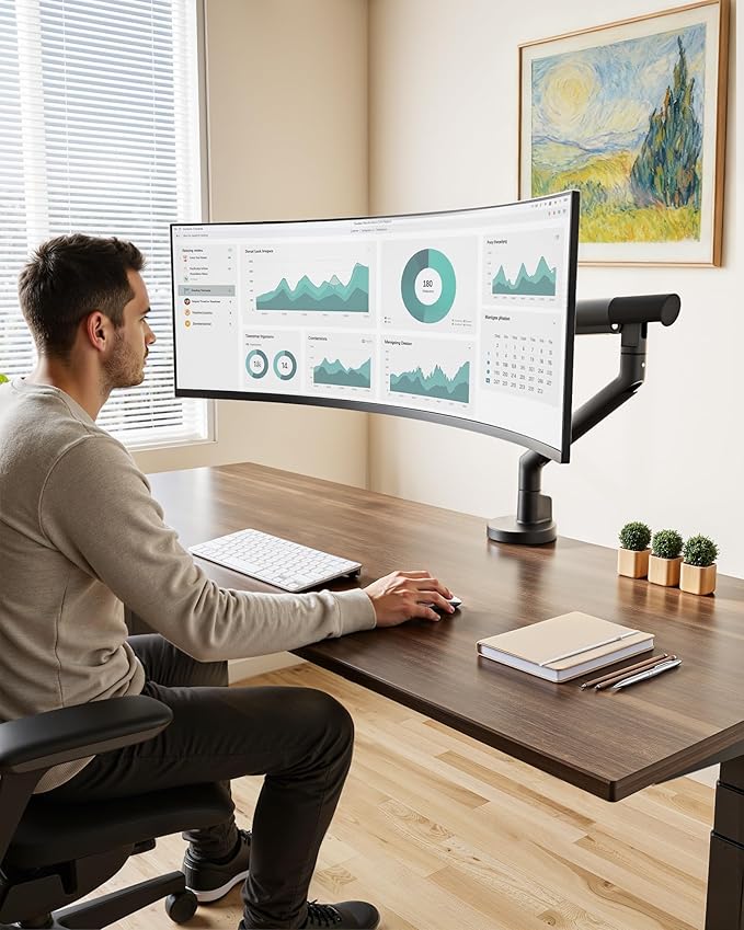monTEK Single Monitor Arm for 17-40 Inch Screens, Heavy Duty Full Motion Monitor Mount Up to 26.4 lbs, Aluminum Monitor Stand with VESA 75/100mm, C-Clamp/Grommet Base for Curved Screens, Black