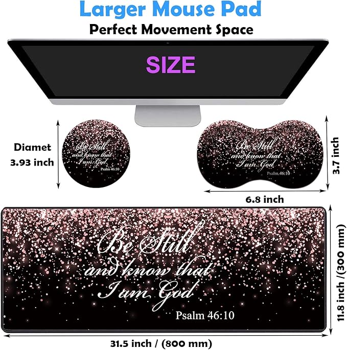 3 Piece Mouse Pad Set with Stitched Edge Large Anti-Slip Mouse Pad Desk Pad Keyboard Pad + Wrist Rest Pad + Coaster, Memory Foam Wrist Rest for Office/Home - Rose Gold Glitter Black Psalm46:10