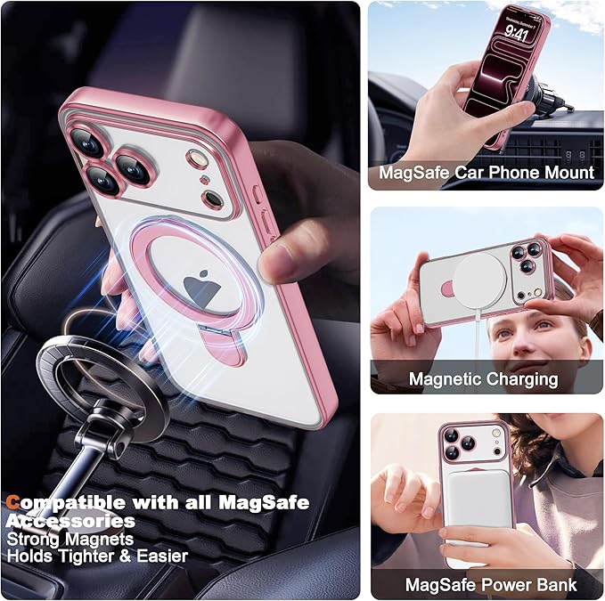 Compatible with iPhone 17 Pro Case with Invisible Magnetic Ring Stand [Compatible with Mag-Safe] [Full Camera Lens Protector] Plating Clear Phone Case for iPhone 17 Pro 6.3", Pink