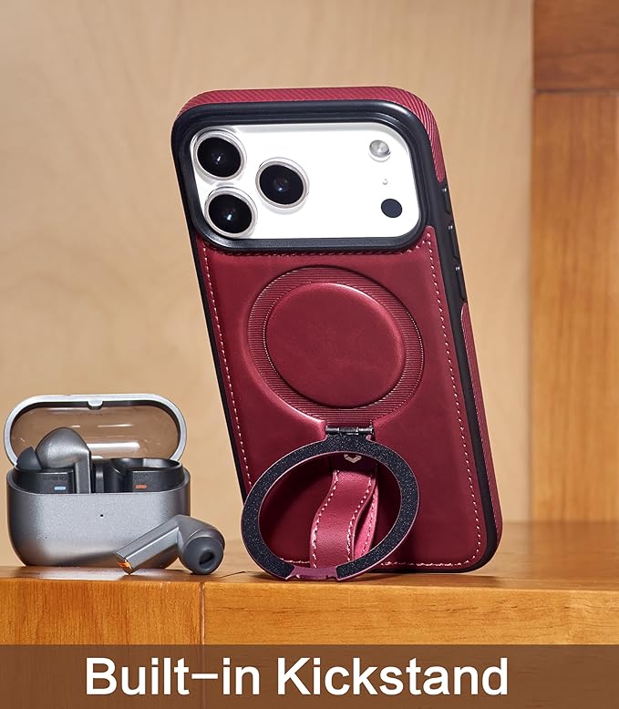 Butaiga for iPhone 17 Pro Max Leather Case with Stand, Anti-Slip Grip Ring, Fits for MagSafe (Burgundy, iPhone 17 Pro Max)
