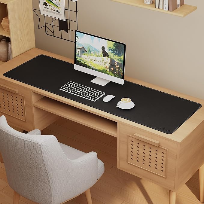 Chihein 63” x 20” Cork & PU Leather Desk Mat (Black) - Huge Mouse Pad, Double Sided Waterproof Desk Pad Protector for Gaming, Office, Home