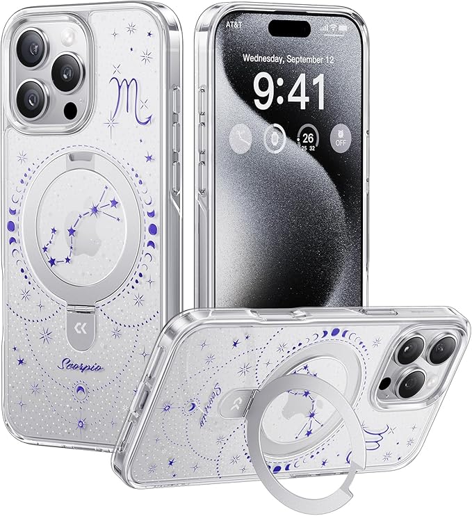 CASEKOO Scorpio [Zodiac Collection] for iPhone 16 Pro Max Case with Magnetic Ring Stand [Compatible with MagSafe] [Military-Grade Protection] Fashion Clear Back Design, Soft Edge