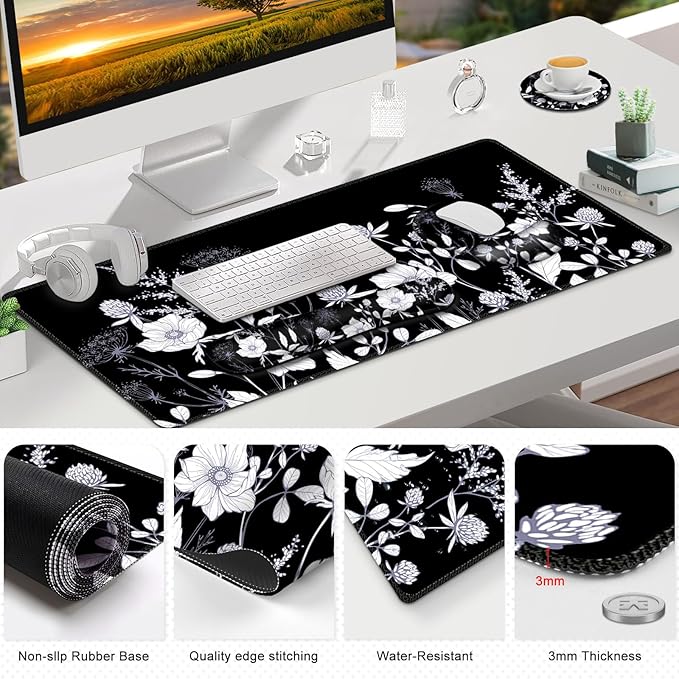Gaming Mouse Pad, Large Desk Mat, Cute Desk Pad Protector, 4in1 XXL Mousepad + Keyboard Wrist Rest+Mouse Wrist Rest+Coaster Set with Ergonomic Desk Pad for Home Office PC Computer, Black White Flowers