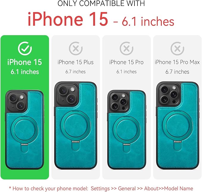 for iPhone 15 Case with Stand, Compatible with Magsafe, Slim Thin PU Leather & Durable TPU Drop Proof Magnetic Protective Phone Cover with Tempered Glass Screen Protector 6.1", Turquoise