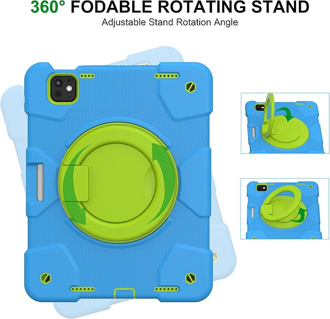 Andnary Case for iPad Pro 11 Inch M4 2024/M5 2025 Case, Heavy Duty Shockproof Cover with Screen Protector/360° Rotate Stand/Shoulder Strap/Pencil Holde (Blue+Green, iPad Pro M4/M5 11 inch)