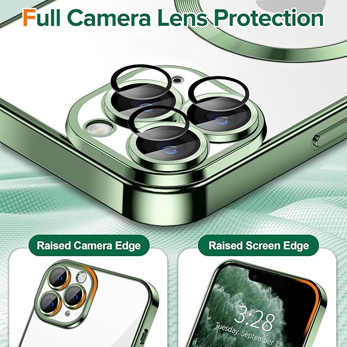 Hython Magnetic Clear for iPhone 11 Pro Case with Camera Lens Protector [Compatible with MagSafe] Luxury Plating Edge Slim Soft TPU Cover Protective Phone Case for iPhone 11 Pro 5.8", Deep Green