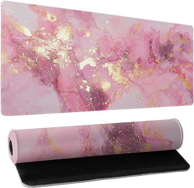 Gold Pink Marble Mouse Pad Extended Large 35.4x15.7in Coquette Kawaii Desk Mat Preppy Trendy Computer Mousepad XL Non-Slip Rubber Base Stitched Edge Rose Gold Mousepad PC Desk Pad for Work Desktop