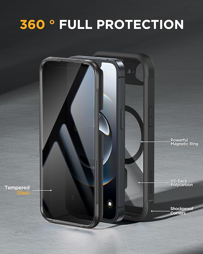 Miracase for iPhone 17e & 16e Case with Built-in Private Screen Protector, [Magnetic with MagSafe] Full-Body Phone Cover Military Drop Proof 17 E/ 16 E Bumper 6.1 inch, Black
