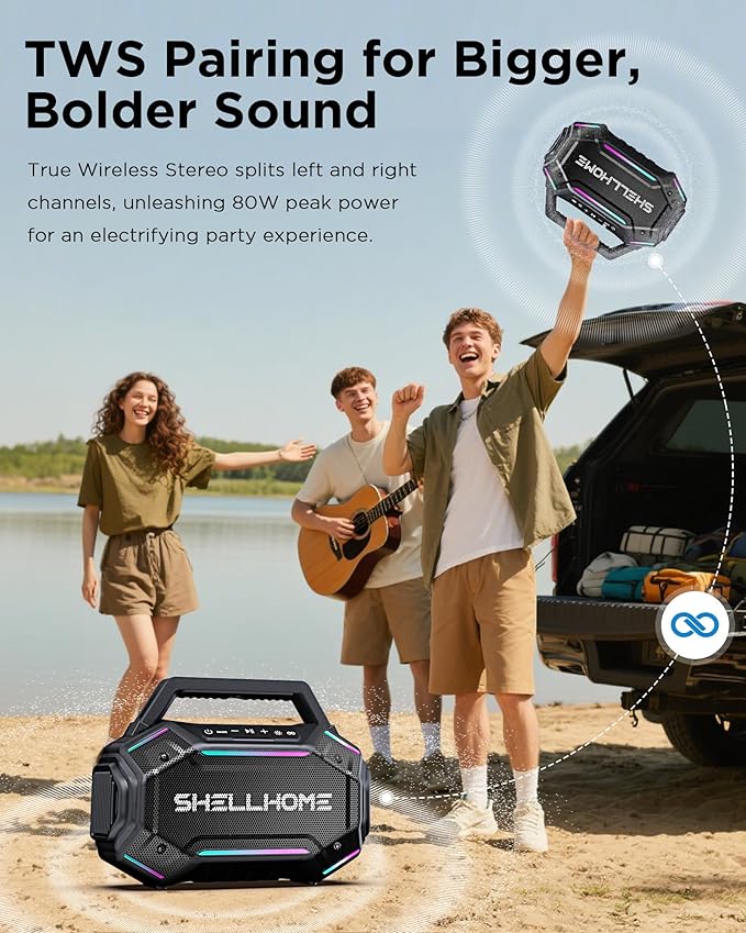 ShellHome Bluetooth Outdoor Speakers, 80W(Peak) Loud Wireless Speaker, 30H Playtime, RGB Lights, BassUp 2.0, IPX6 Waterproof, TWS, Bluetooth 6.0, Portable Boombox for Party, Pool, Beach (Pink)