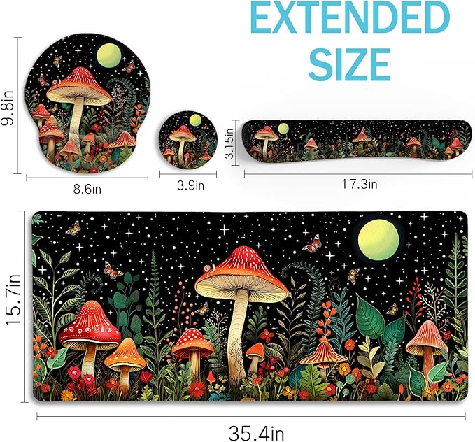 Blusabaca Mushroom Mouse Pad, Funny Cute Desk Mat Large Gaming Mouse Pad with Wrist Rest, Keyboard Pad Wrist Rest Ergonomic, Cup Coaster, Work Home Desk Accessories Office Supplies