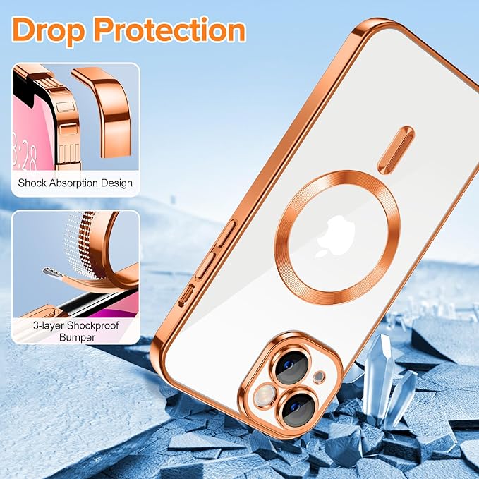 Hython Magnetic Clear for iPhone 13 Case with Camera Lens Protector [Compatible with MagSafe] Luxury Plating Edge Slim Soft TPU Cover Protective Phone Case for iPhone 13 6.1", Orange