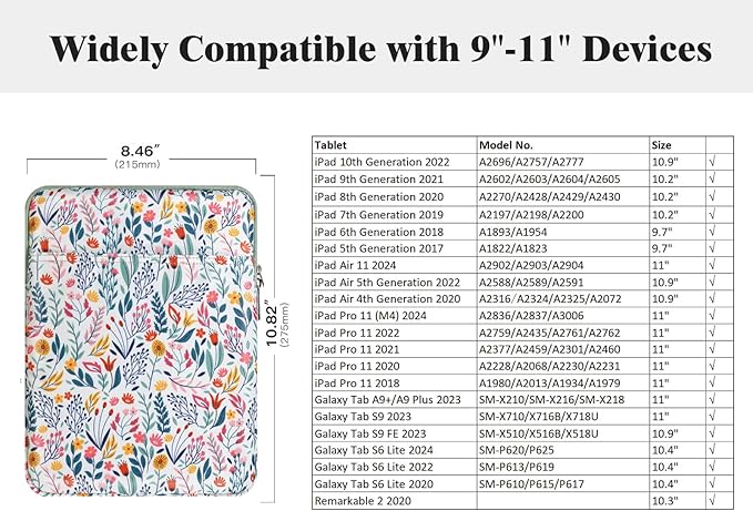TiMOVO 9-11" Tablet Sleeve Bag for iPad 11-inch A16 2025, iPad 10.9"/10.2"| Air 11 Inch/5th/4th Gen. 10.9", Galaxy Tab A9+/A11Plus 11", Protective Bag Fit Smart Keyboard, Flowers