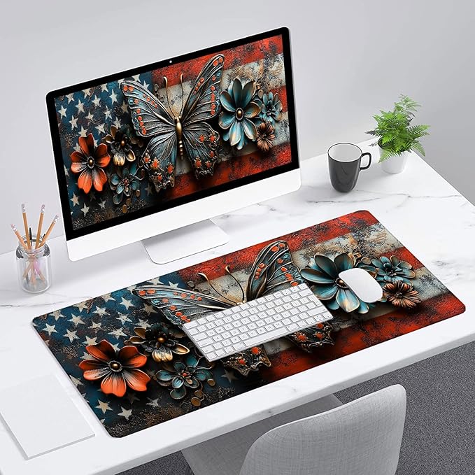 American Flag Butterfly Desk Mat Vintage US Flag Flower XL Mouse Pad Large Mousepad Extended Laptop Keyboard Mat Gaming Desk Pad Mouse Mat 31.5"x11.8" Office Computer Keyboard Laptop Home