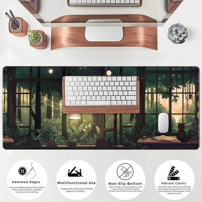 Cute Lofi Desk Mat Green Plants Mouse Pad Large Black Cat Aesthetic Desk Pad Kawaii Anime Extended Gaming Mousepad XL Laptop Keyboard Mouse Mat Deskmat 31.5"x11.8" Cute Office Decor