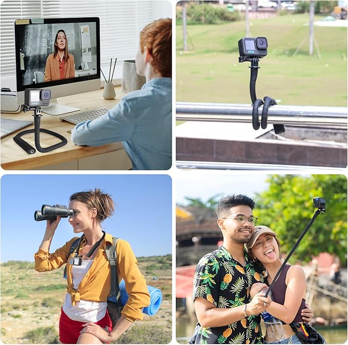 HSU Camera Flexible Mount Clamp Stick Pole for Insta360 GoPro, Neck Holder Selfie Stick Extension Pole, Camera Tripod Stand for GoPro Hero 13 12 11 10 9, Insta360 X5 X4 X3, DJI Action Camera
