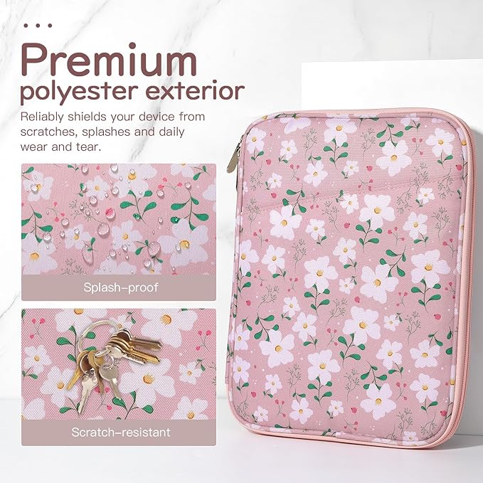 Dadanism 9-11" Tablet Sleeve Bag Carrying Case for iPad (A16) 11th Gen 11", iPad 10th Gen 10.9" Air 5/4, iPad Air M4/Pro 11", iPad 9/8/7th, Galaxy Tab A11+ Plus 11", Remarkable 2 10.3", Pink Flowers