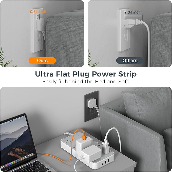 TESSAN Power Strip Surge Protector, 15FT Flat Plug Extension Cord with 8 Outlets 3 USB Charger(1 USB C), 1080 Joules Protection, Wall Mountable Charging Station for Home Office Dorm, Gray