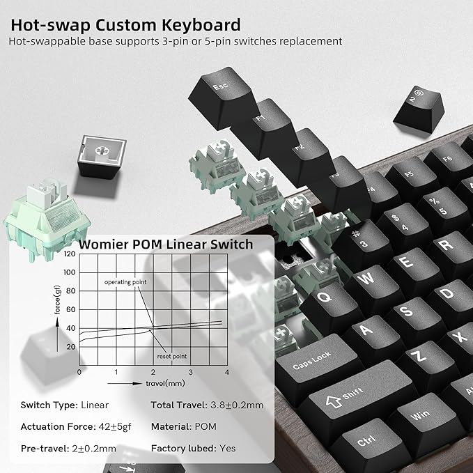 Womier 75% Mechanical Keyboard Wireless with Wood Natural, WD75 V2 QMK/VIA Gaming Creamy Keyboard 8000mAh Battery, Tri-Mode Key Board RGB Hot Swappable with PBT Keycaps-POM Linear Switch,Black