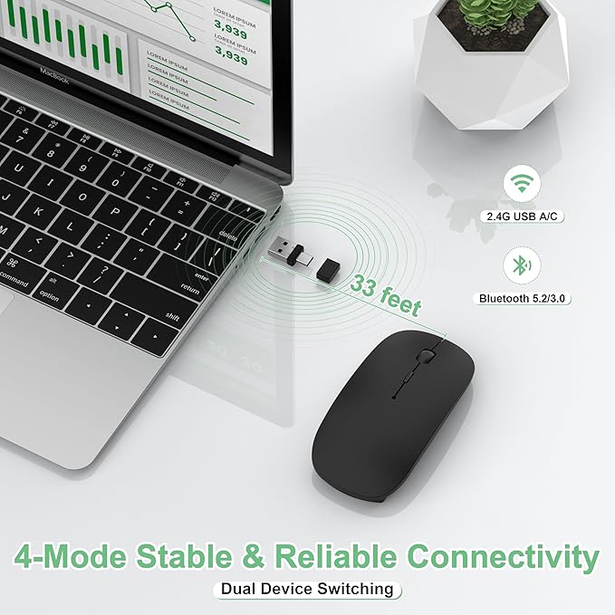 Wireless Mouse for MacBook Pro/Air, Bluetooth Rechargeable Mouse with USB-C, Slim Mouse Jiggler for iPad/iMac/Laptop/PC, 2.4G Dual Mode, Silent Click, Compatible Mac OS/Windows, Black