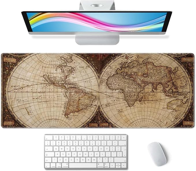 Large Gaming Mouse Pad with Stitched Edges, Desk Mat Extended Keyboard Pad, Non-Slip Rubber Base Desk Pad for Laptop, Office, Home, 31.5X11.8 inch Vintage World Map
