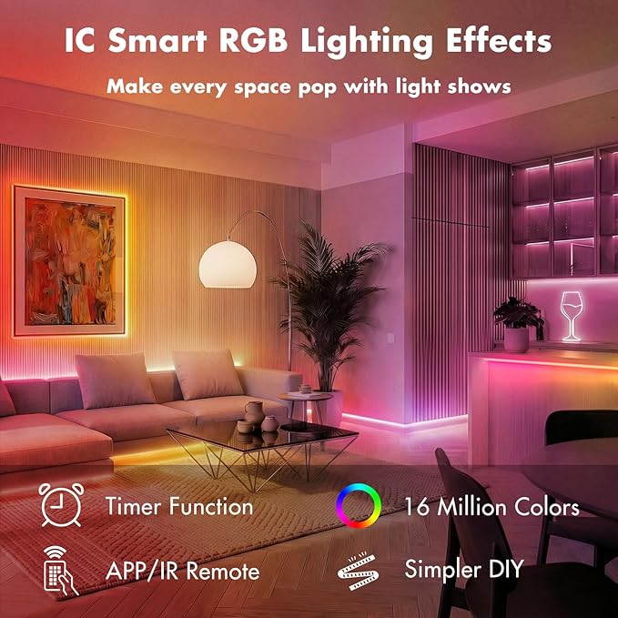 LED Lights for Bedroom, 50FT IC RGB LED Strip Lights, Color Changing, Multiple Colors Chasing Effects, APP & Remote Control, Timer Function, Music Sync Lights for Party, Home Decor