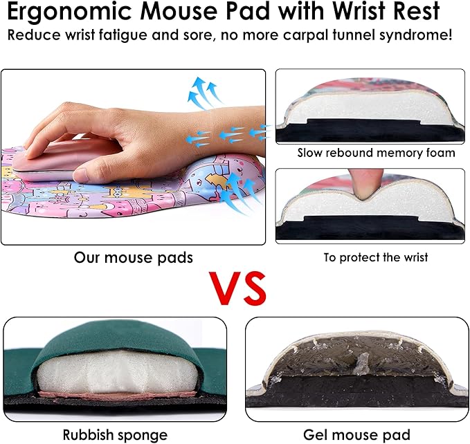 Ergonomic Mouse Pad with Wrist Support,Cute Mouse Pads with Wrist Rest,Comfortable Mouse Pad for Home Office Gaming Working Computers Laptop,Pain Relief with Non-Slip PU Base (Colorful Cat)