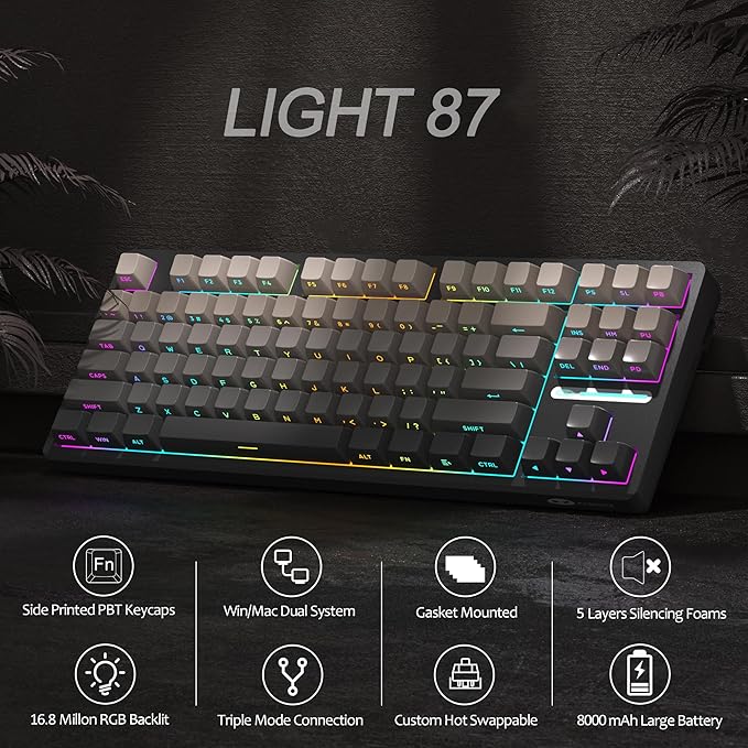 MageGee LIGHT87 Wireless Creamy Keyboard, Gasket Structure, RGB Backlit, 2.4G/USB-C/BT5.0 Hot Swappable Mechanical Gaming Keyboard for Win/Mac/PC, 8000mAh Battery, Side Printed PBT Keycaps, Black