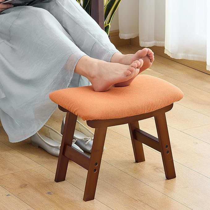 Foot Stool,Under Desk Foot Rest Ottoman, Washable Stool for Office, Living Room, Bedroom (Brown Legs-Orange Stool Seat)