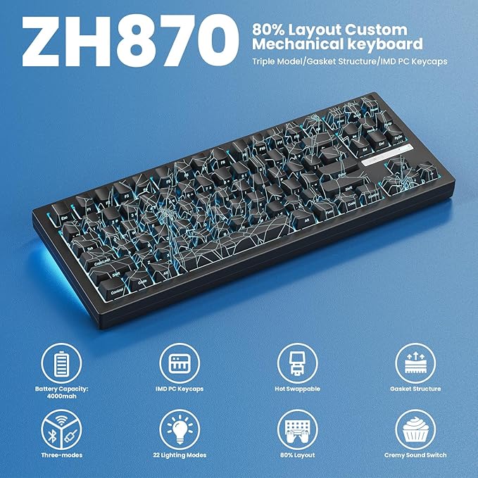 ZORNHER ZH870 Wireless Gaming Mechanical Keyboard,80% Black Custom Creamy Sound Keyboard with Spider Web IMD PC Keycaps,Creamy Sounding Linear Switches,Hot-Swappable,RGB Backlit,2.4GHz/USB-C/BT5.0