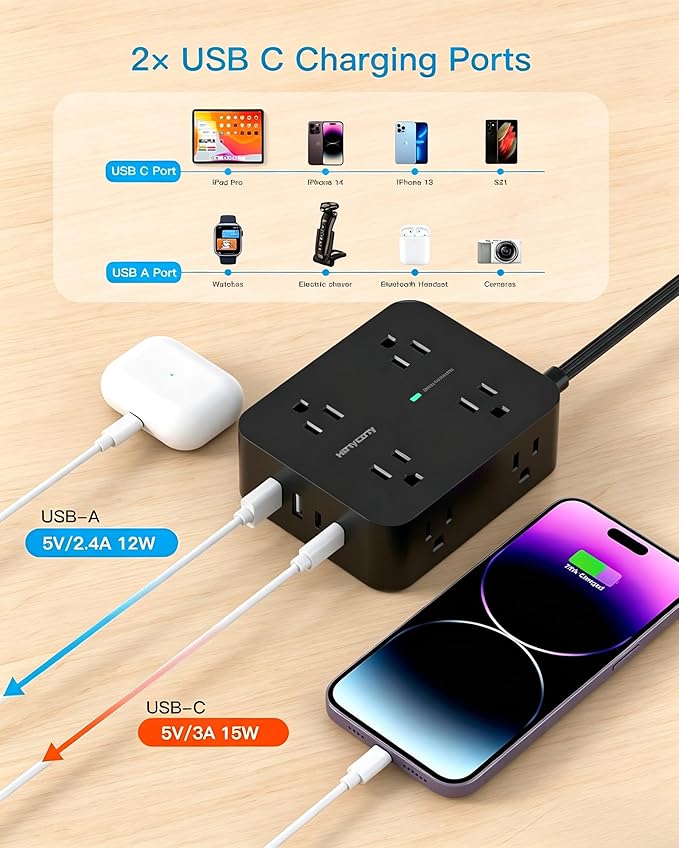 10 Ft Power Strip Flat Plug, Extension Cord Surge Protector with 8 Outlets and 4 USB Ports (2 USB C), Ultra Thin Flat Wall Plug, 1080J Surge Protection, Mountable Charging Station for Dorm, Office