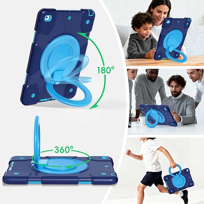 Andnary Case for iPad 9th/8th/7th Generation 10.2 inch, Shockproof Cover with Screen Protector/360° Rotate Stand/Pencil Holder/Shoulder Strap, Kids Case for iPad 2021/2020/2019 (Navy+Blue)