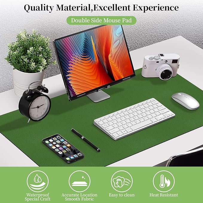 Bloss Green Leather Mouse Pad,Leather Desk Mat Protector,Dual-Side Use Mouse Mats,Office Desks Mats,Laptop Protector Desks Mat,Waterproof Keyboard Pads,Desk Writing Pad for Office/Home.31.5"x 15.7"