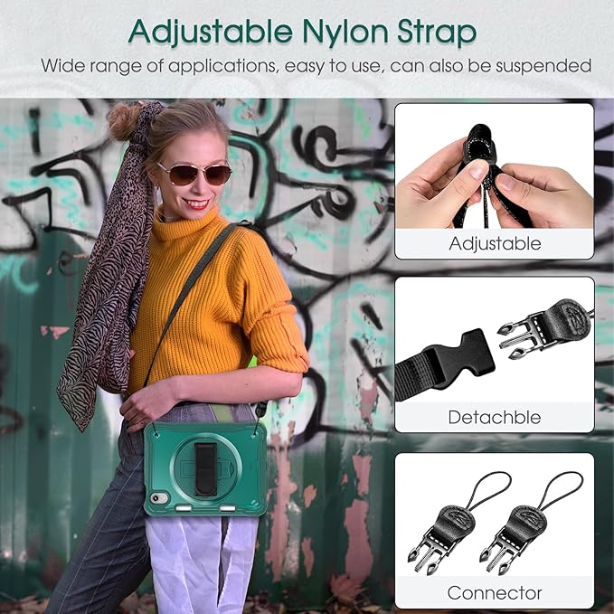 BRAECNstock Case for iPad mini 7 (A17 pro) 2024 & Mini 6 2021 8.3-inch,Shockproof Protective Cover with Pencil Holder,Screen Protector,360° Rotating Hand Strap/Stand-Midnight Green