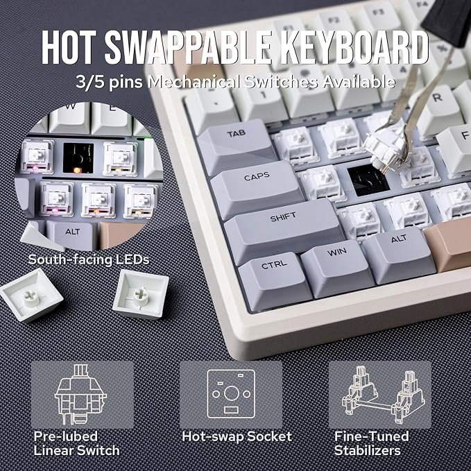 EPOMAKER Galaxy100 QMK/VIA Wireless Gaming Keyboard, Aluminum Shell, BT/2.4Ghz/USB-C, Pre-Lubed Hot-Swappable Linear Switches, NKRO, RGB Backlit (Creamy White, Wisteria Linear Switch)