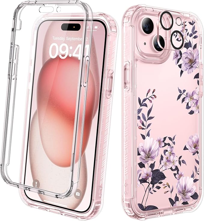 Diaclara Designed for iPhone 15 Plus Case 6.7 Inch Clear Floral Design,Full Body 360 Case w/Built-in Screen Protector+9H Glass Camera Lens Protector (Clear Flower)
