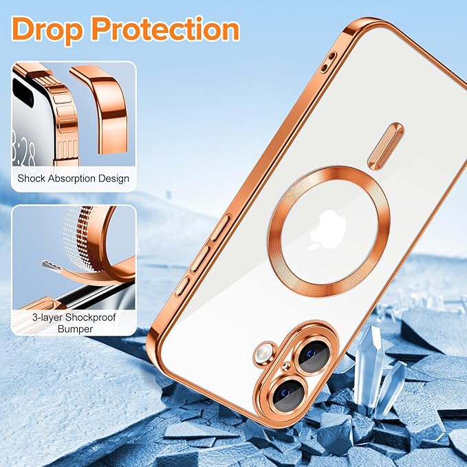 Hython Magnetic Clear for iPhone 16 Plus Case with Camera Lens Protector [Compatible with MagSafe] Luxury Plating Edge Slim Soft TPU Cover Protective Phone Case for iPhone 16 Plus 6.7", Orange
