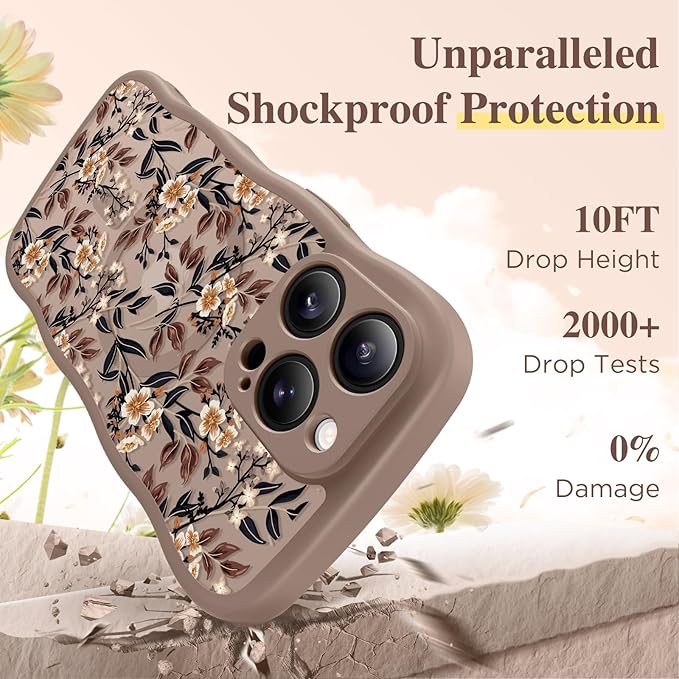 GVIEWIN for iPhone 16 Pro Max Case Compatible with MagSafe [Curly Wave Edge][Full Camera Protection] Floral Translucent Shockproof Magnetic Women Phone Case for 16 Pro Max, Bunchflower/Brown