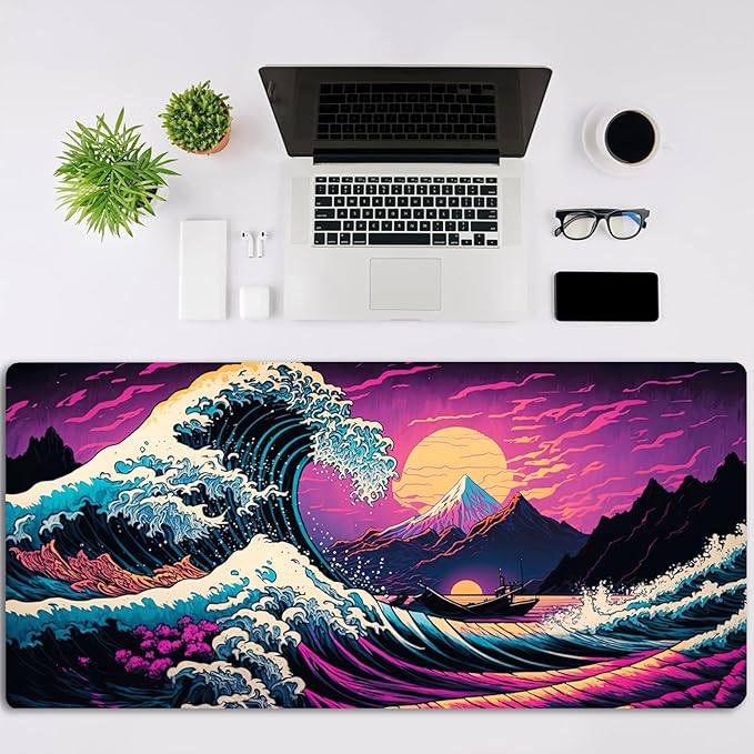 Simpkeely Japanese Sea Wave Mouse Pad, Blacklight Kanagawa Waterproof Gaming Extended Large Desk Pad Long Computer Keyboard Big Mouse Mat with 3mm Non-Slip Rubber Base for Office Home - 31.5" x 11.8"